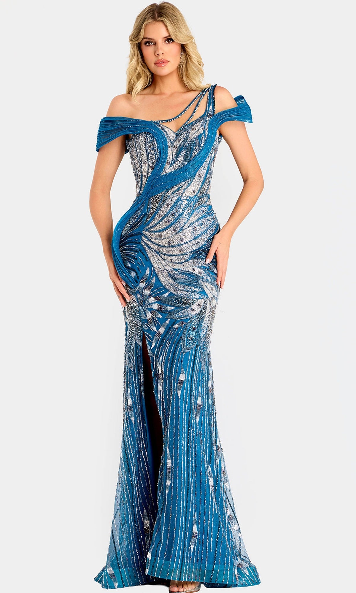 Jovani 46858 - Beaded Bodice Off-Shoulder Evening Gown - Blue - Main