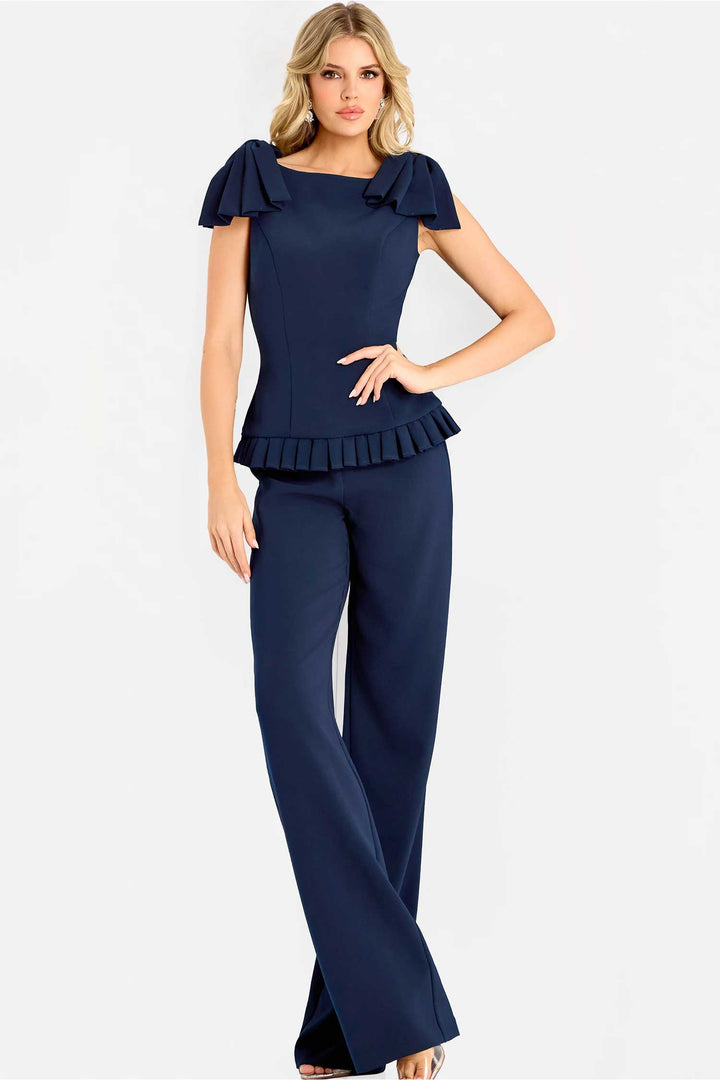 Jovani 47022 - Flutter Shoulder Detail Crepe Pantsuit - Navy - Main