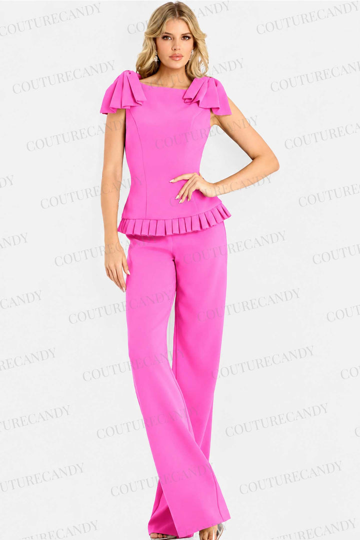 Jovani 47022 - Flutter Shoulder Detail Crepe Pantsuit