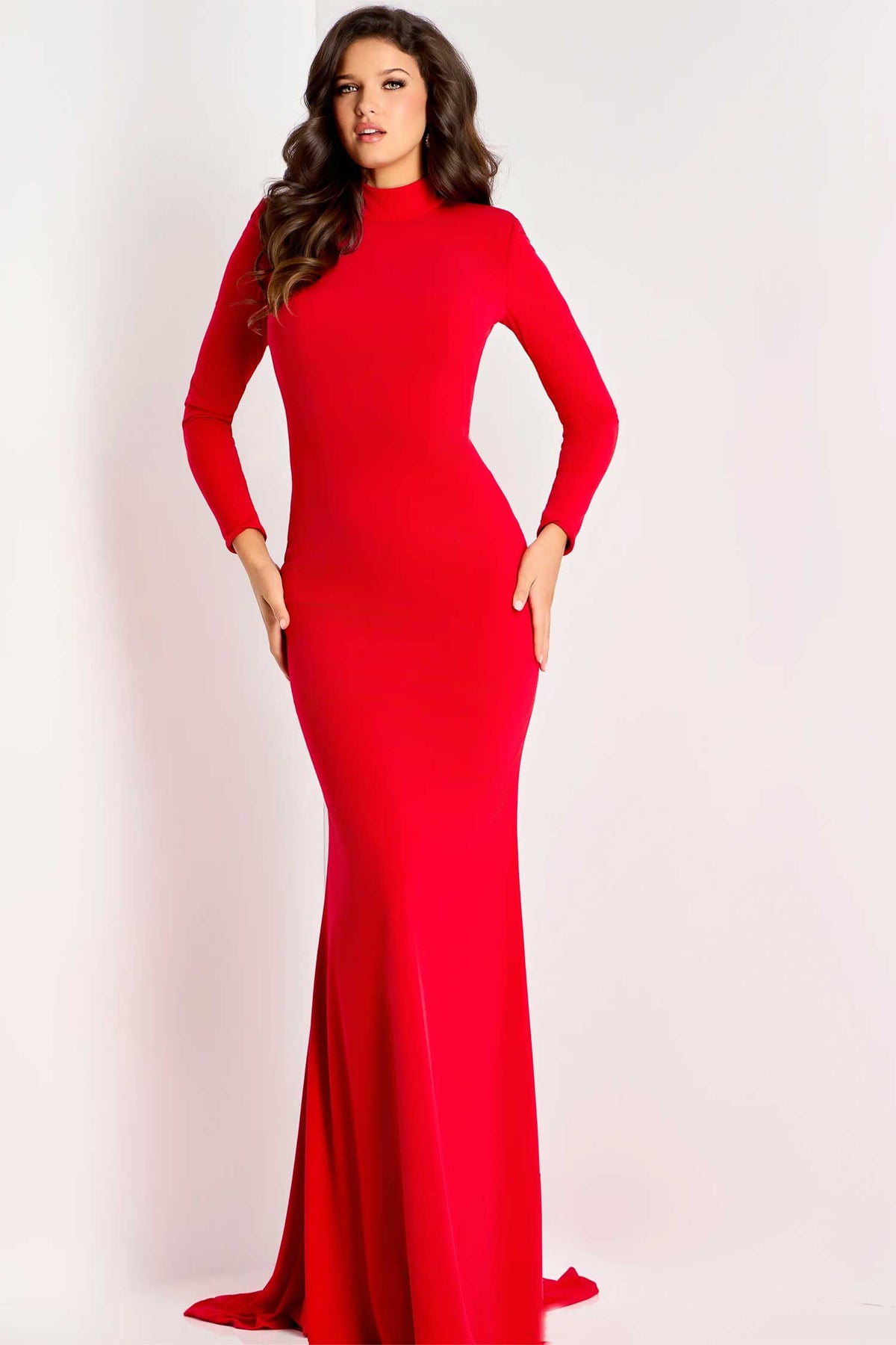 Jovani 47081 - High Neck Minimalist Evening Gown - Red - Main