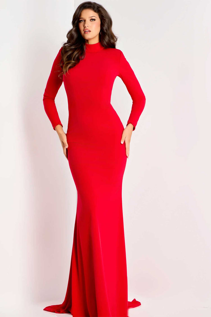 Jovani 47081 - High Neck Minimalist Evening Gown - Red - Main