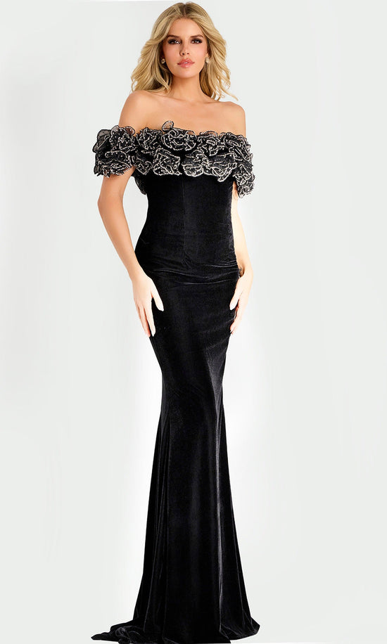 Jovani 47086 - Beaded Ruffle Trim Sheath Velvet Gown - Black - Main