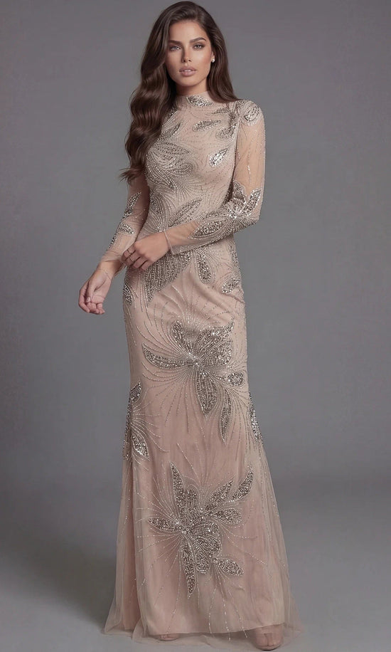 Jovani 47094 - Illusion Long Sleeve Beaded Sparkle Gown