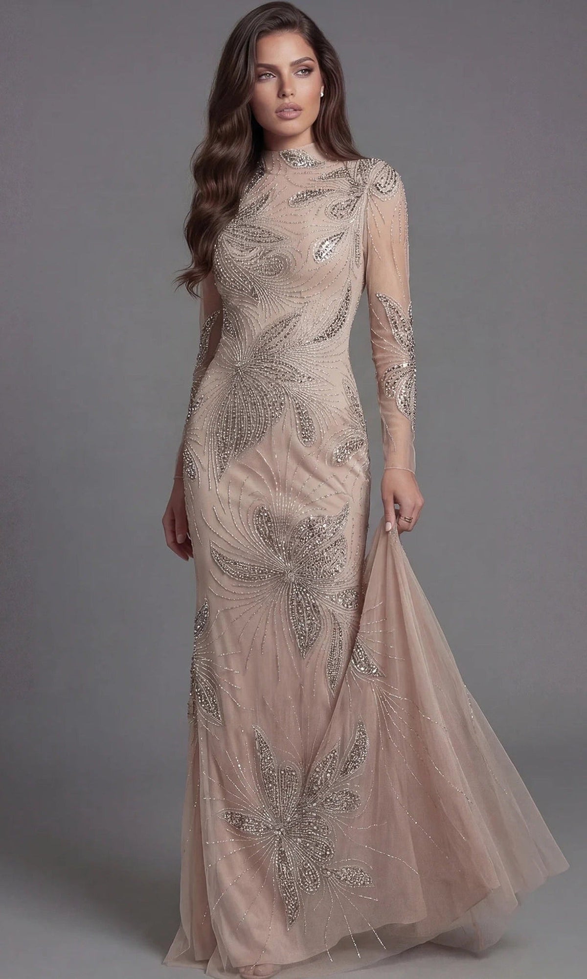 Jovani 47094 - Illusion Long Sleeve Beaded Sparkle Gown - Nude - Main