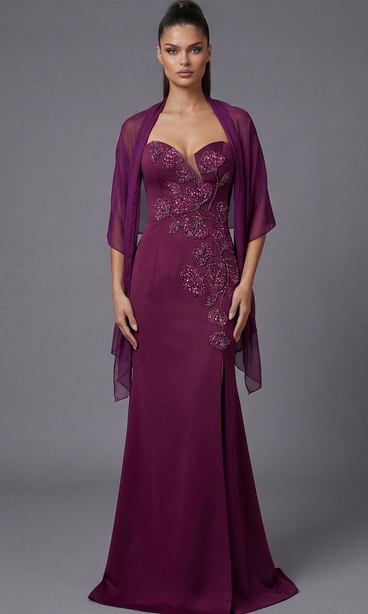 Jovani 47155 - Floral Beadwork Sweetheart Gown with Shawl - Magenta - Main