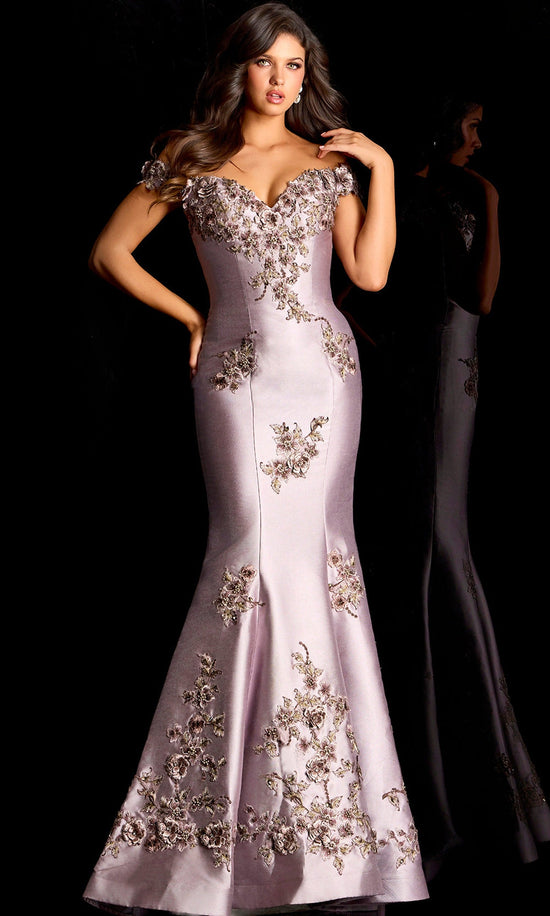 Jovani 47217 - Off Shoulder Satin Gown with Floral Embroidery