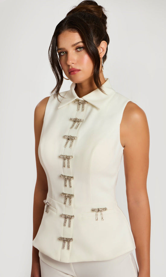 Jovani 47233 - Rhinestone Bow Collared Neckline Pantsuit