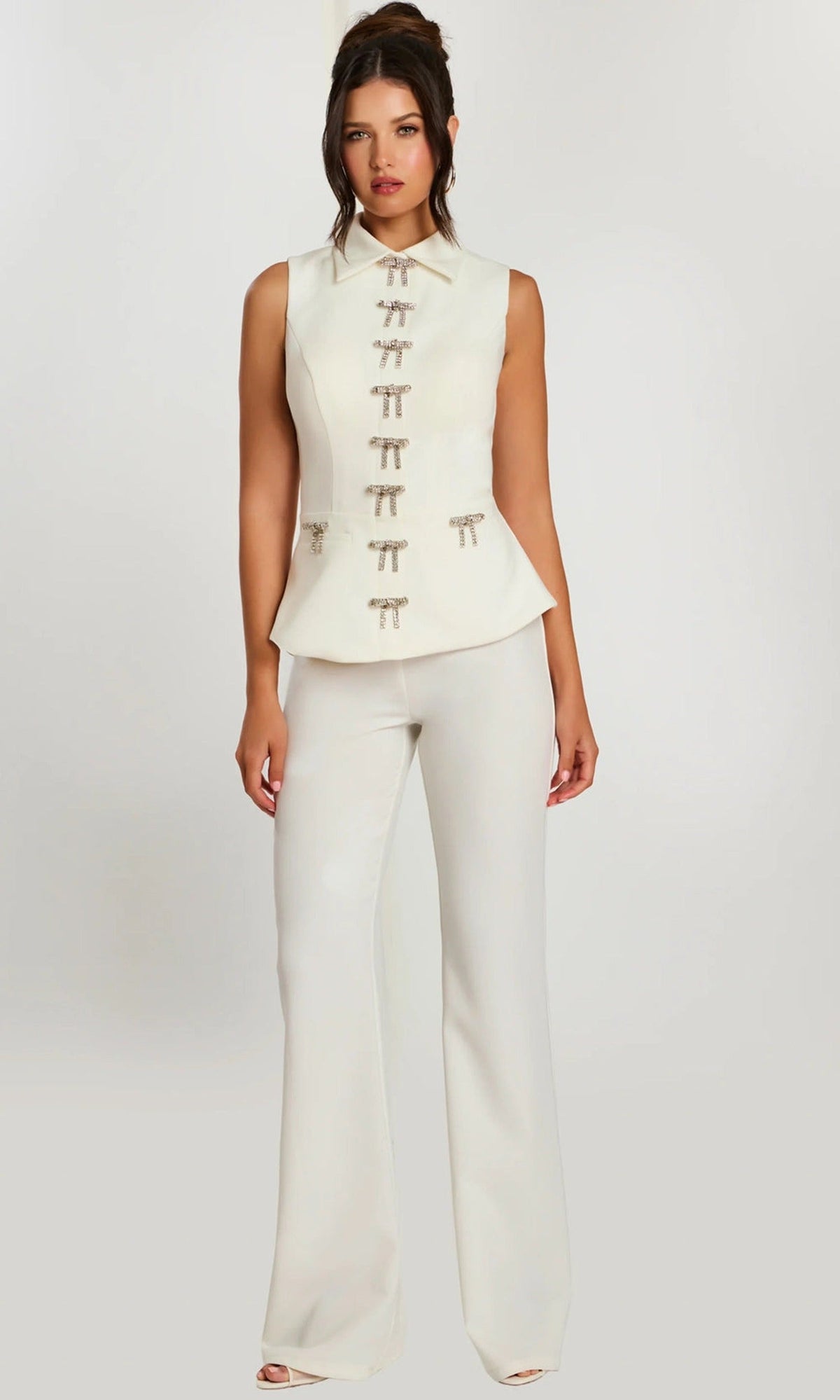 Jovani 47233 - Rhinestone Bow Collared Neckline Pantsuit - Off-White - Main