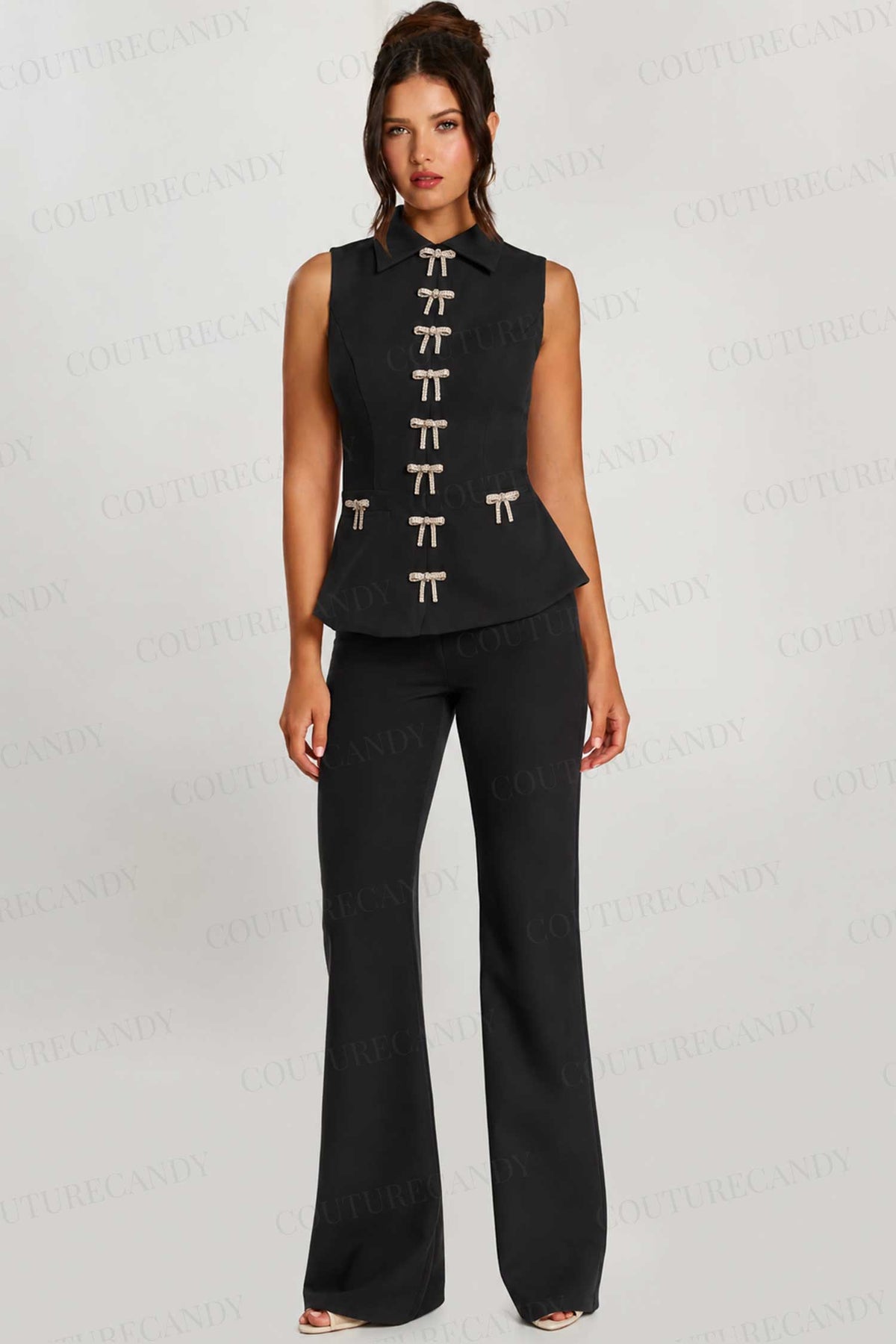 Jovani 47233 - Rhinestone Bow Collared Neckline Pantsuit