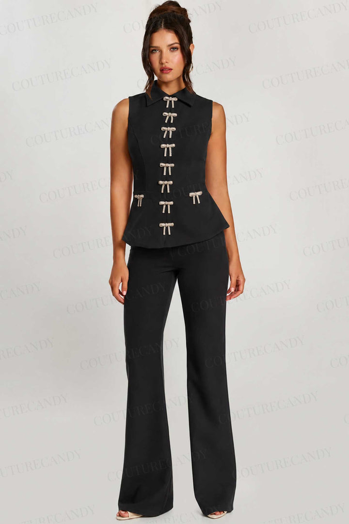 Jovani 47233 - Rhinestone Bow Collared Neckline Pantsuit