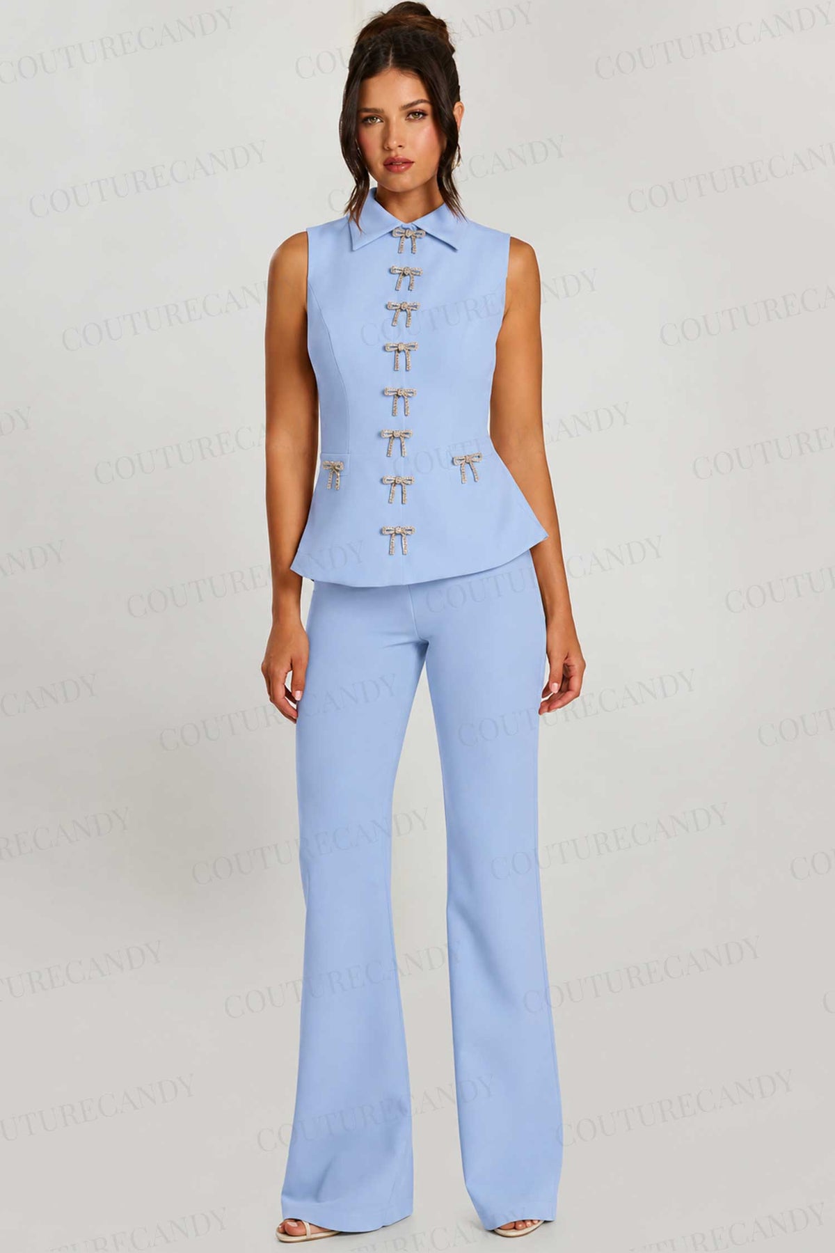 Jovani 47233 - Rhinestone Bow Collared Neckline Pantsuit
