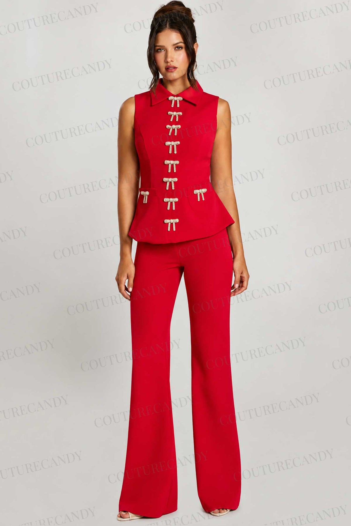 Jovani 47233 - Rhinestone Bow Collared Neckline Pantsuit