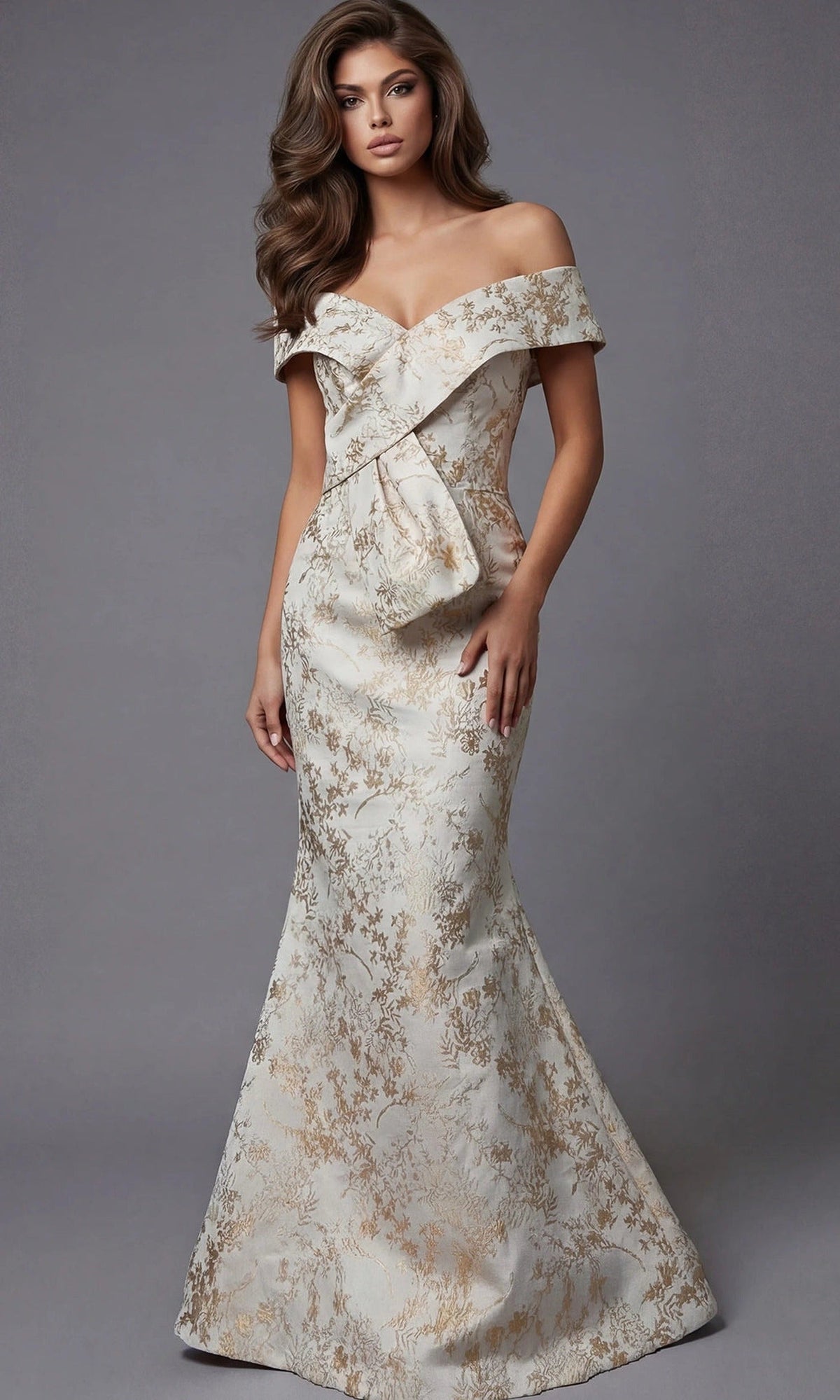 Jovani 47392 - Fold-Over Neckline Brocade Mermaid Gown