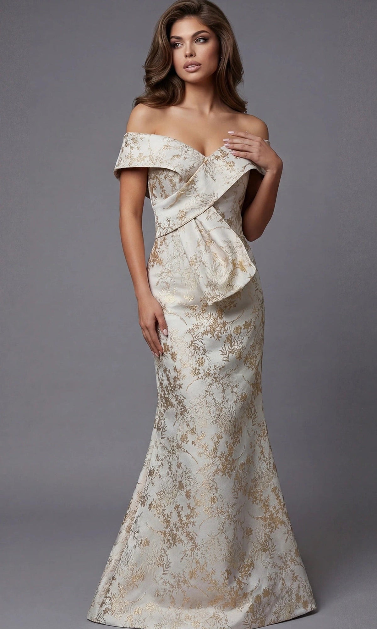 Jovani 47392 - Fold-Over Neckline Brocade Mermaid Gown - Gold - Main