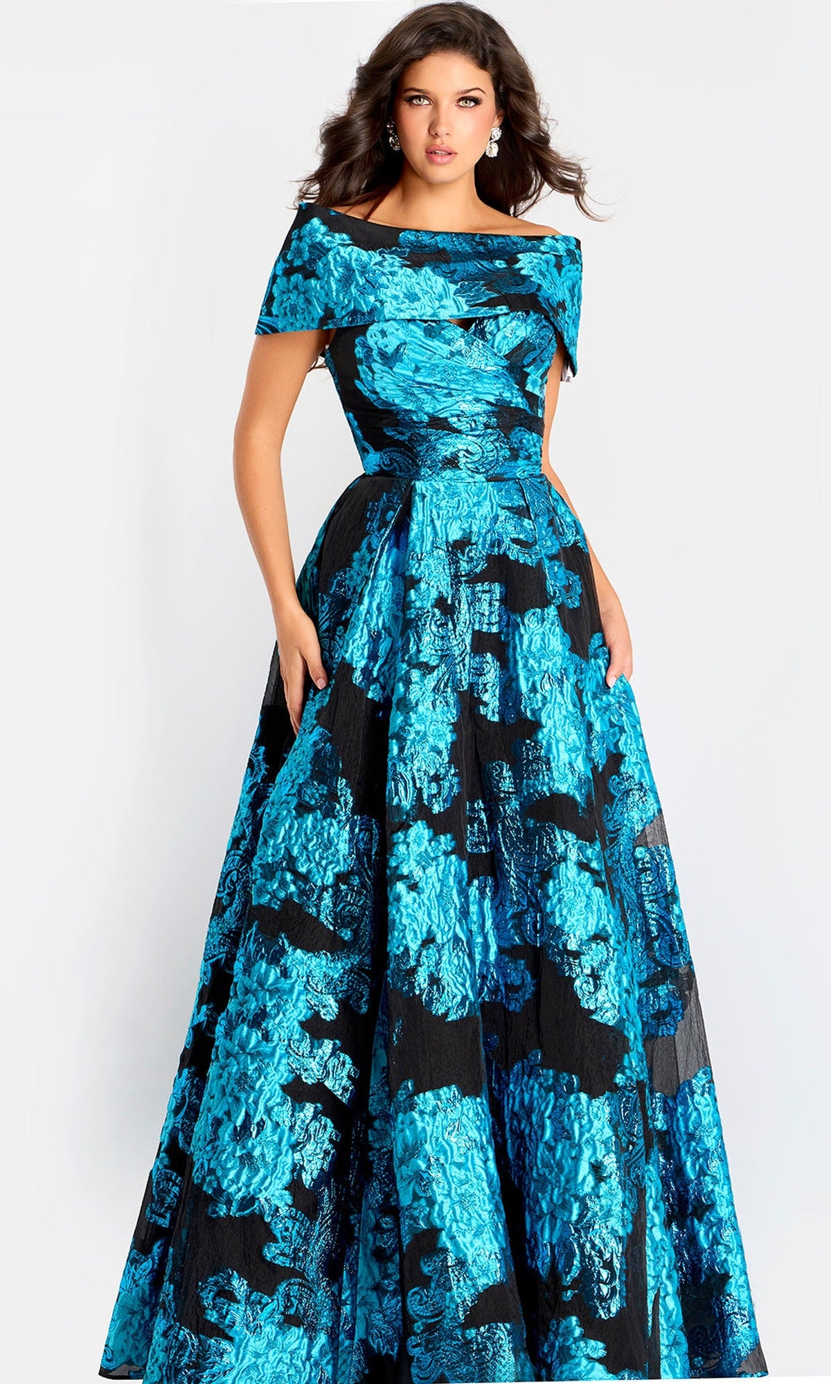 Jovani 47630 - Metallic Jacquard Pleated A-Line Gown