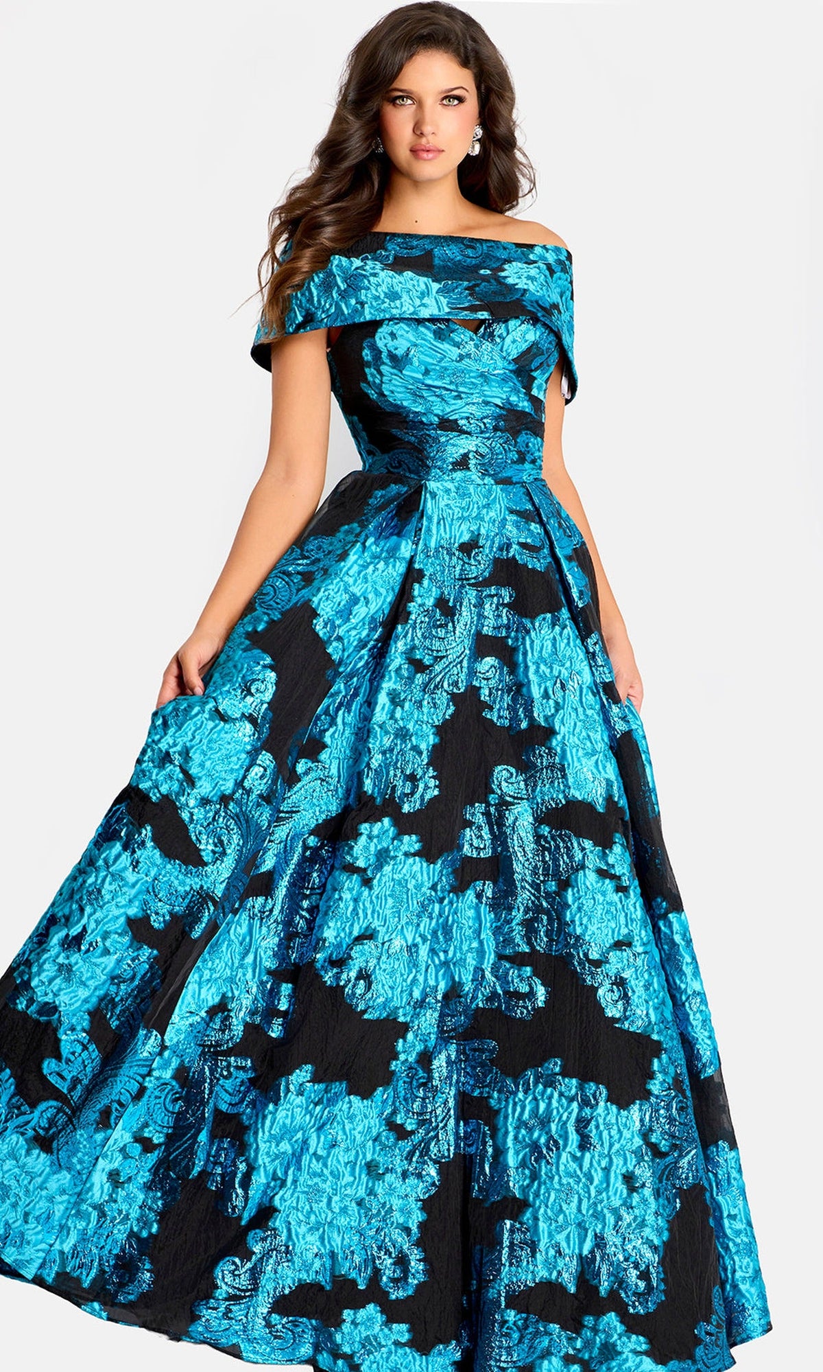 Jovani 47630 - Metallic Jacquard Pleated A-Line Gown - Peacock/Black - Main