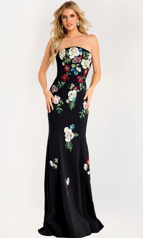 Jovani 47636 - Floral Beaded Strapless Gown with Seam Detail - Black/Multi - Main