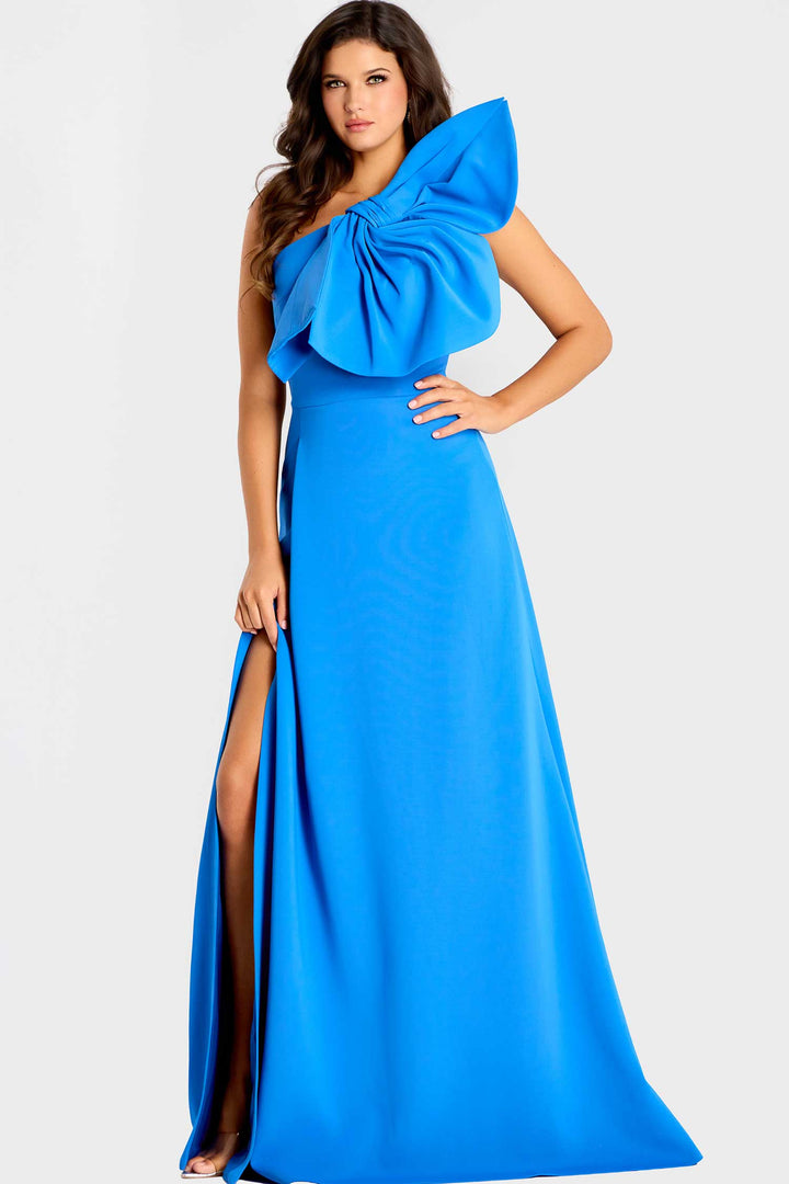 Jovani 47826 - Asymmetric Neck A-Line Gown with Oversized Bow - Royal - Main