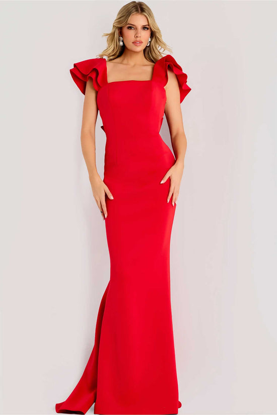 Jovani 47844 - Ruffled Cap Sleeve Sheath Evening Gown - Tomato - Main