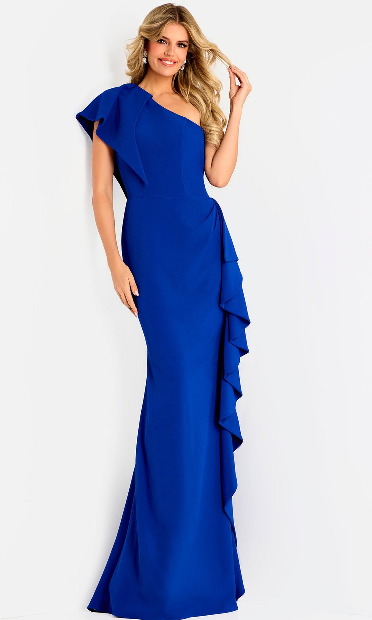 Jovani 48002 - One Shoulder Ruffle Crepe Evening Gown - Royal - Main
