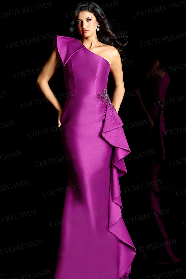 Jovani 48003 - Asymmetric Satin Evening Gown with Side Ruffle - Dark Red - Main