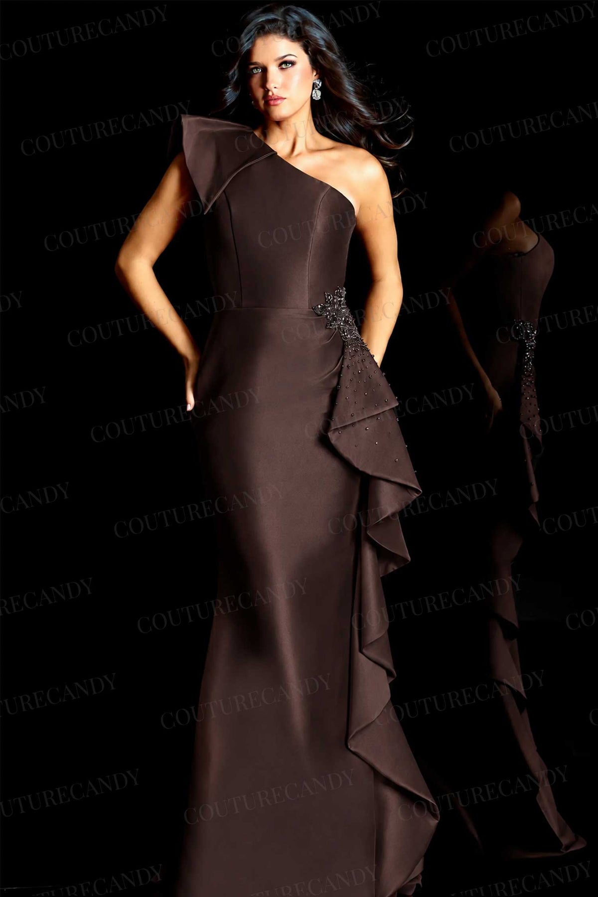 Jovani 48003 - Asymmetric Satin Evening Gown with Side Ruffle