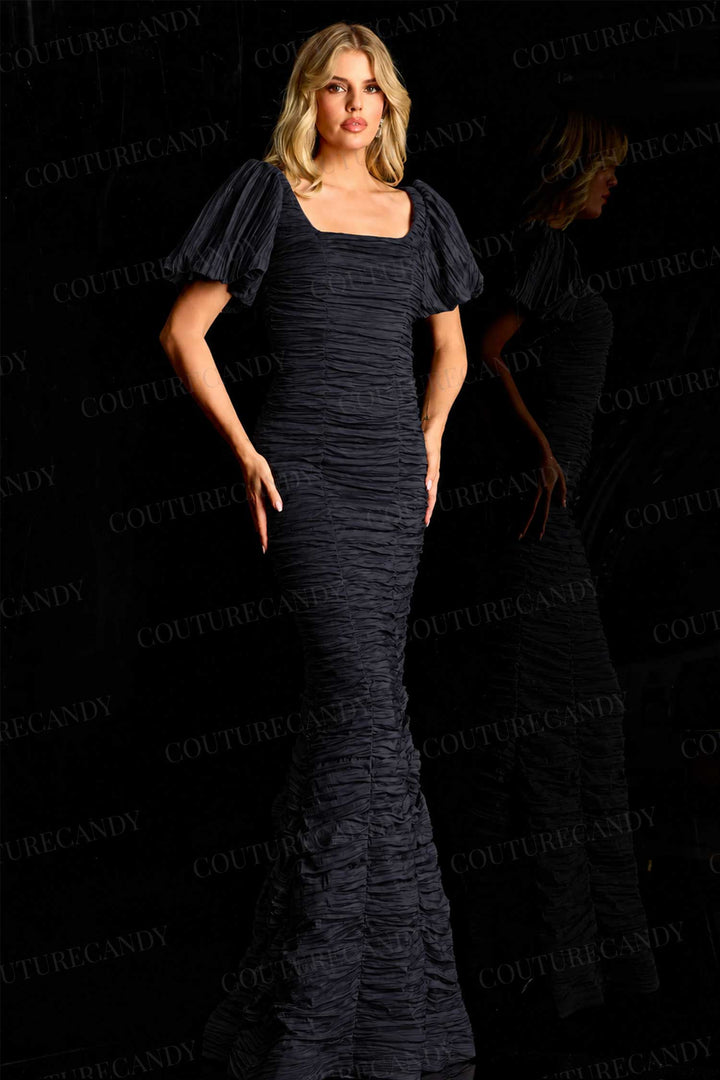 Jovani 48057 - Ruched Texture Puff Sleeve Evening Gown - Nude - Main