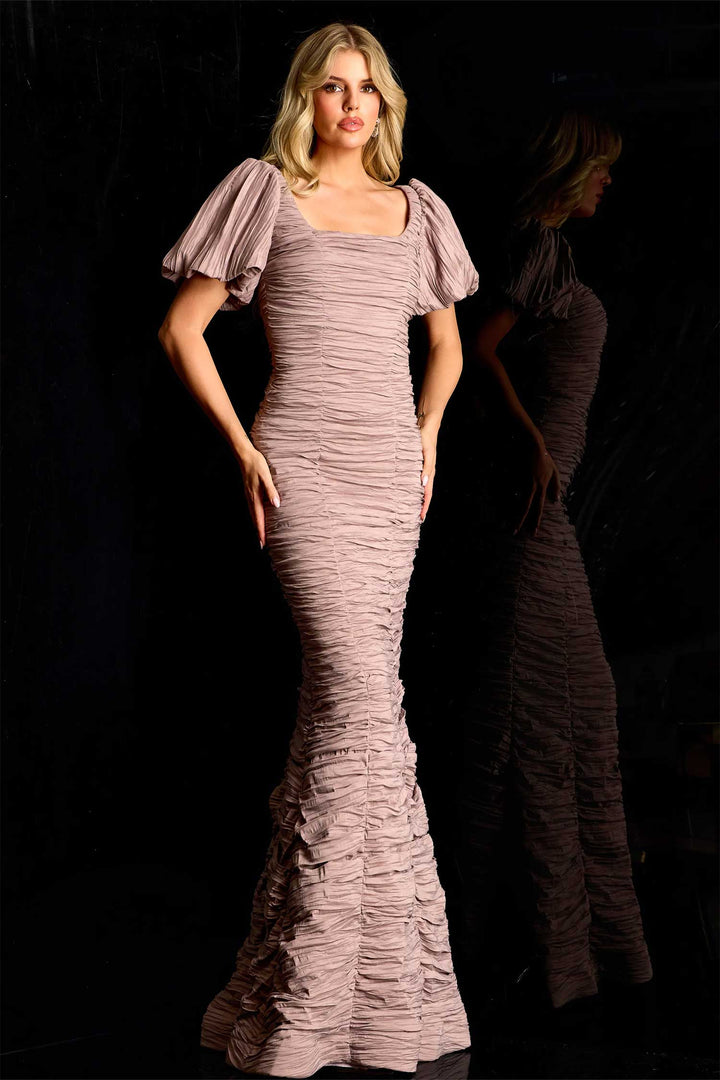 Jovani 48057 - Ruched Texture Puff Sleeve Evening Gown - Nude - Main