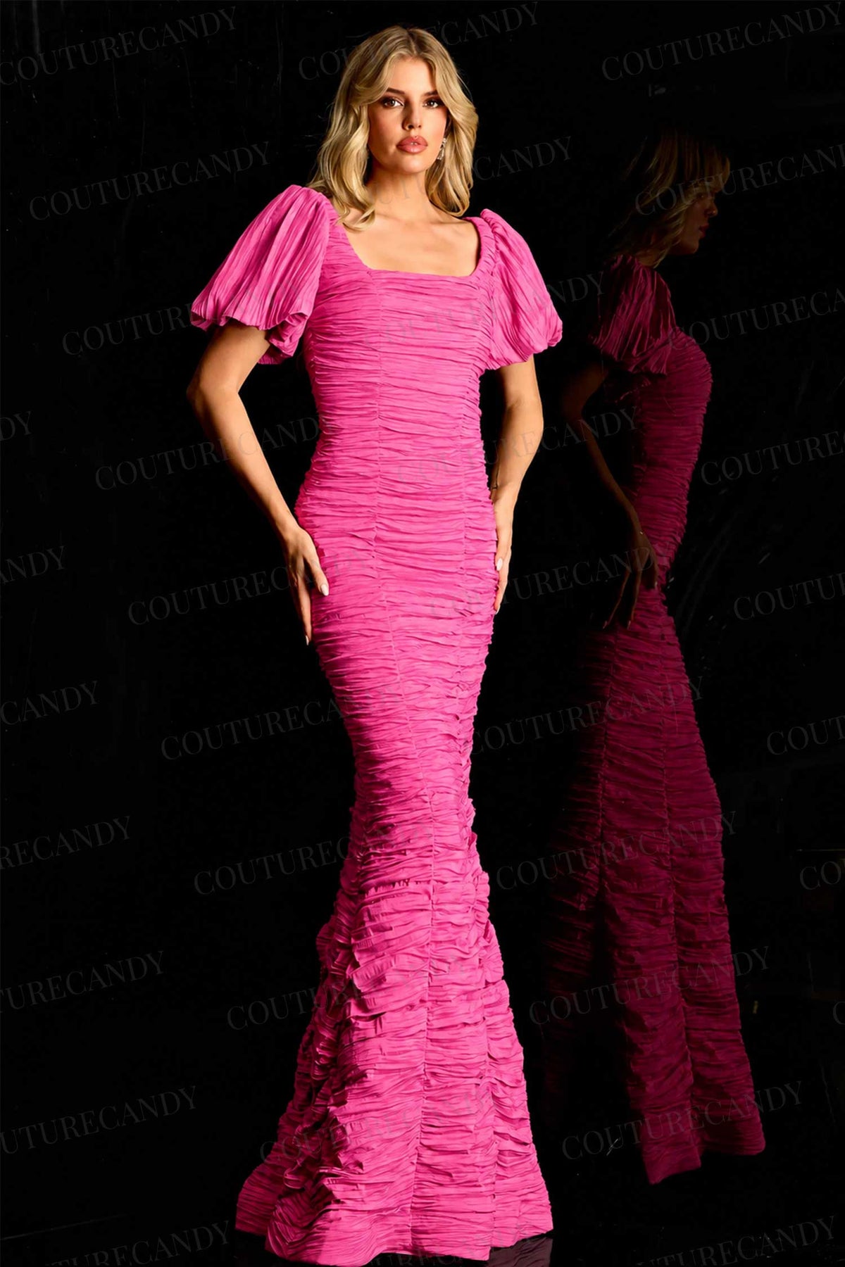 Jovani 48057 - Ruched Texture Puff Sleeve Evening Gown