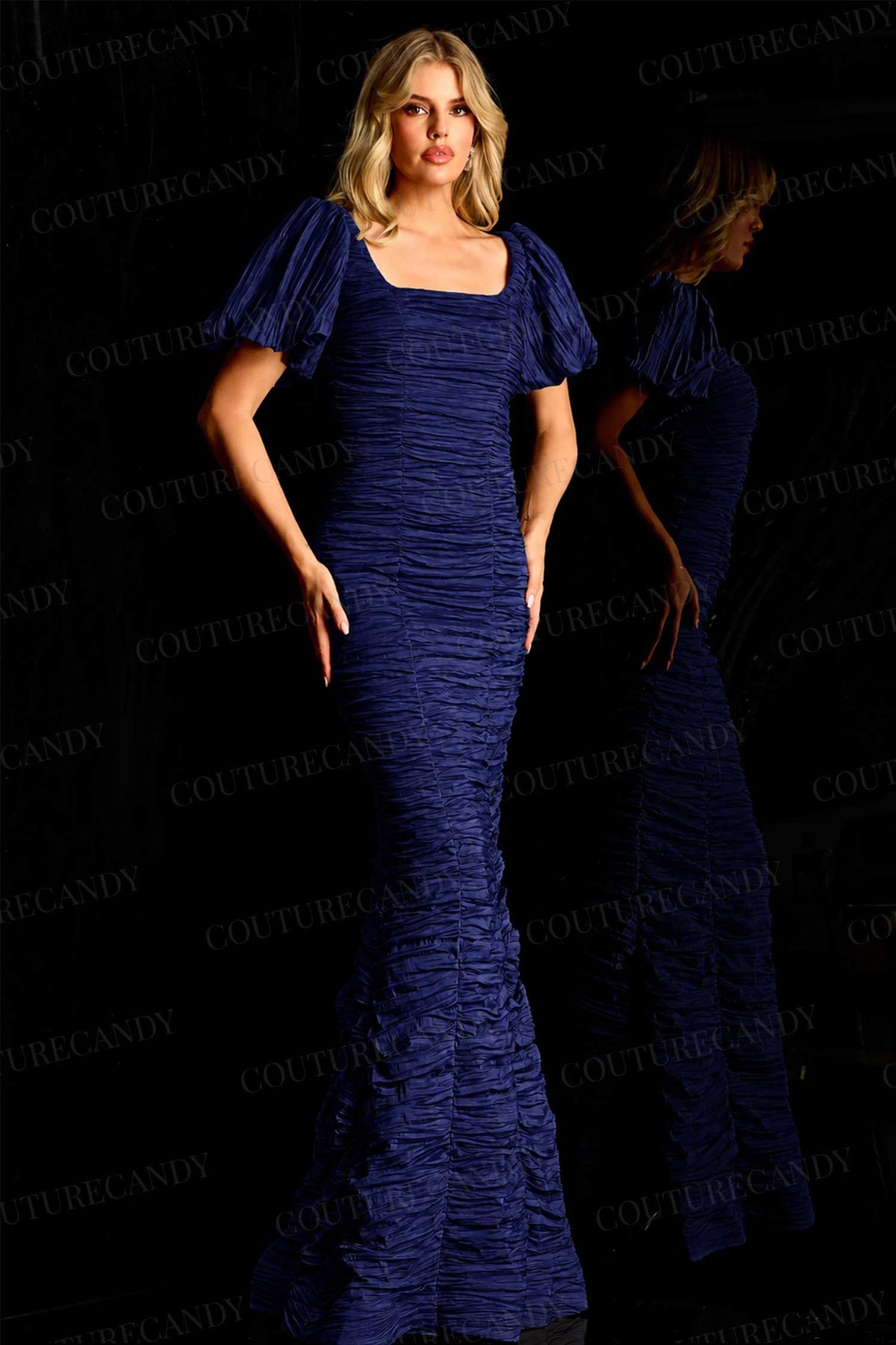 Jovani 48057 - Ruched Texture Puff Sleeve Evening Gown
