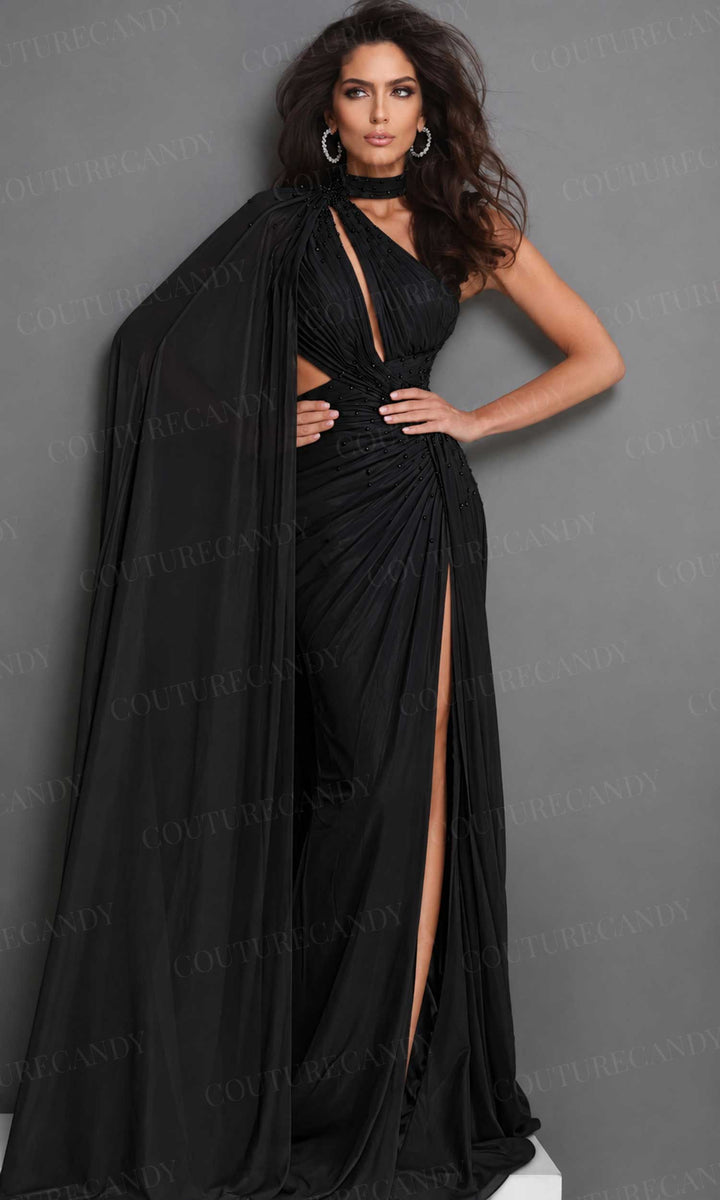 Jovani 48058 Cape Sleeve Cutout Bodice Chiffon Dress