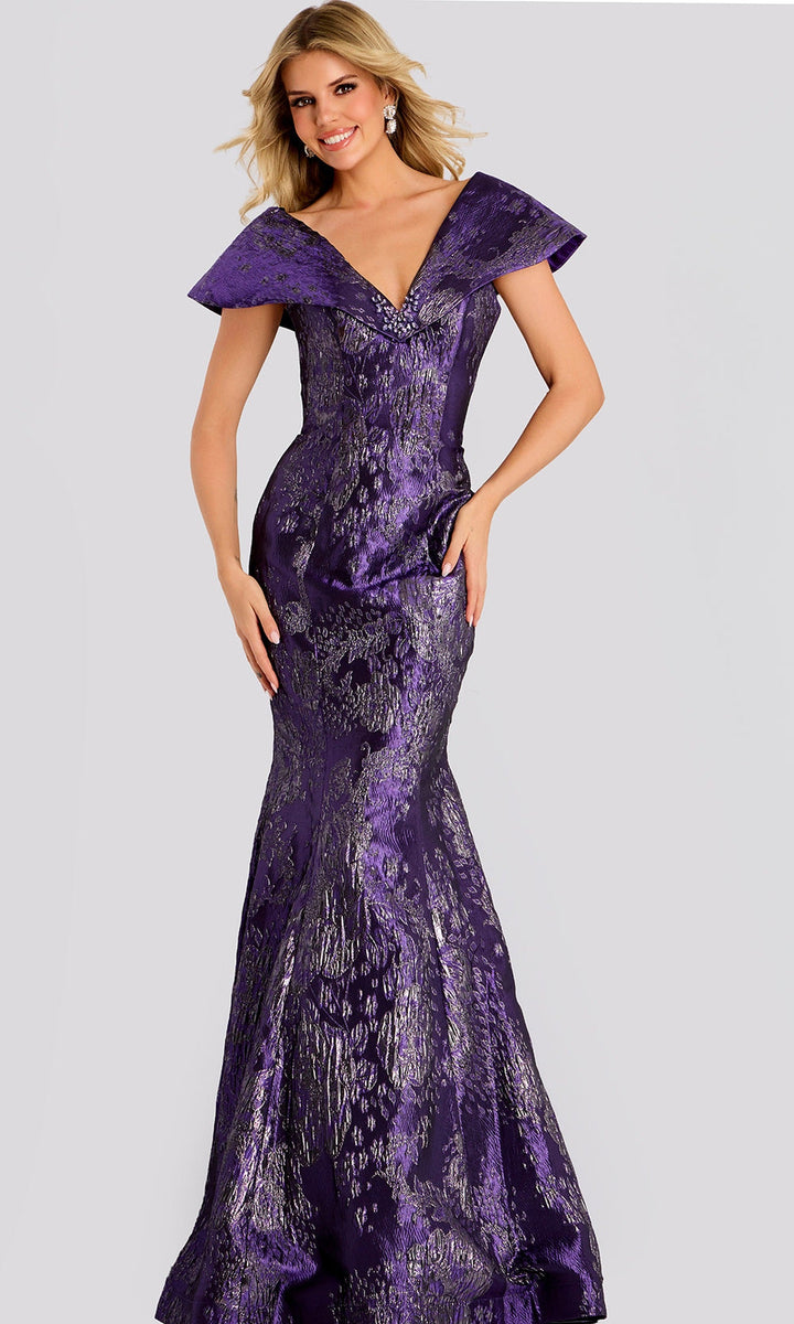Jovani 48110 - Folded Collar V-Neckline Brocade Dress - Purple - Main