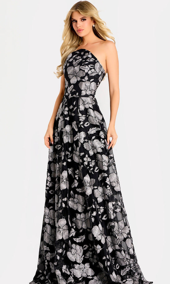 Jovani 48175 - Floral Pattern Strapless Neck Long Gown