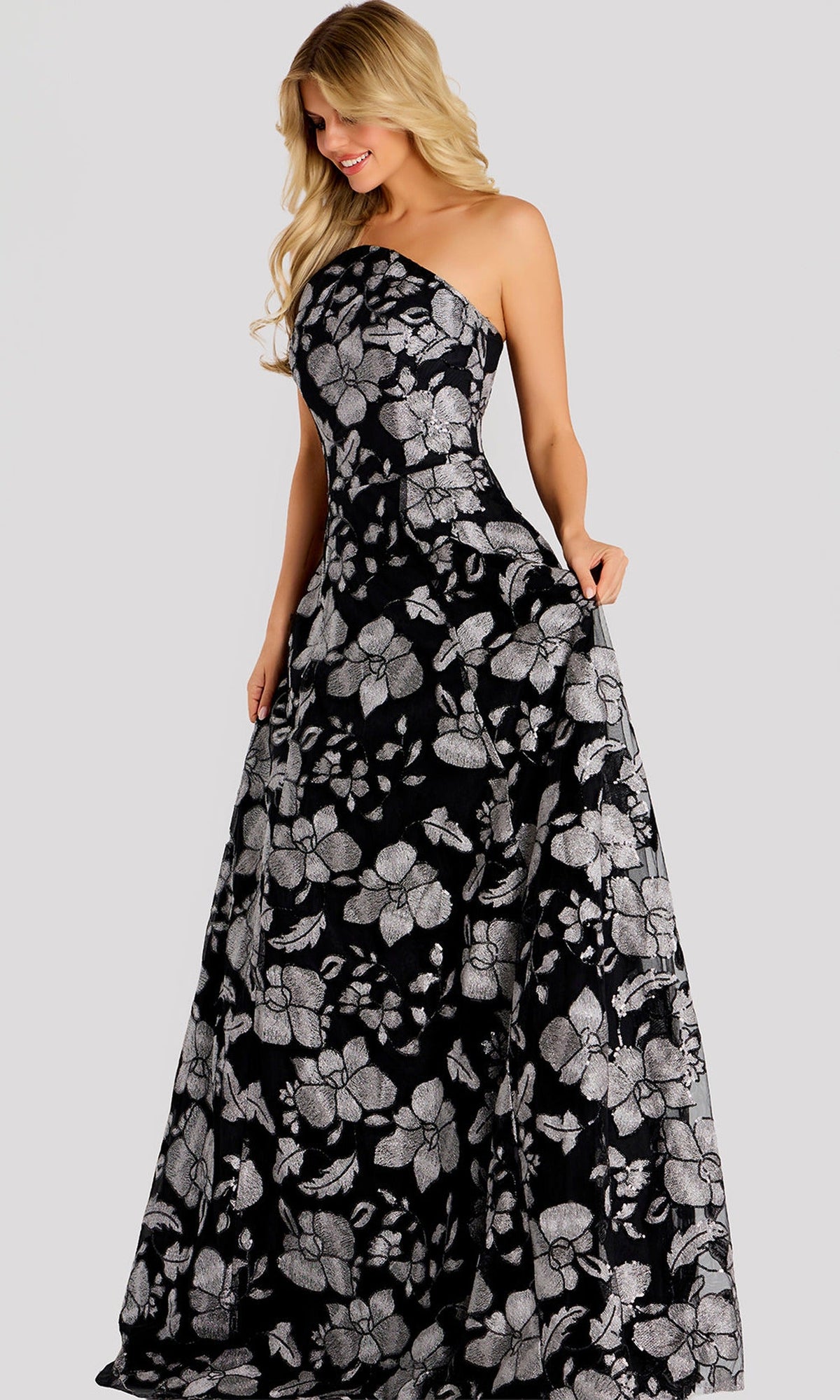 Jovani 48175 - Floral Pattern Strapless Neck Long Gown