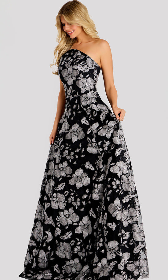 Jovani 48175 - Floral Pattern Strapless Neck Long Gown
