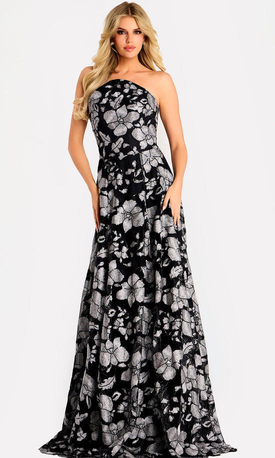 Jovani 48175 - Floral Pattern Strapless Neck Long Gown - Black/Silver - Main