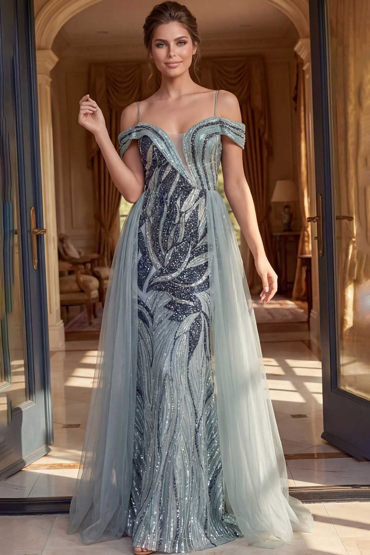 Jovani 48419 Leaf Beaded Tulle Overskirt Dress - Blue/Multi - Main