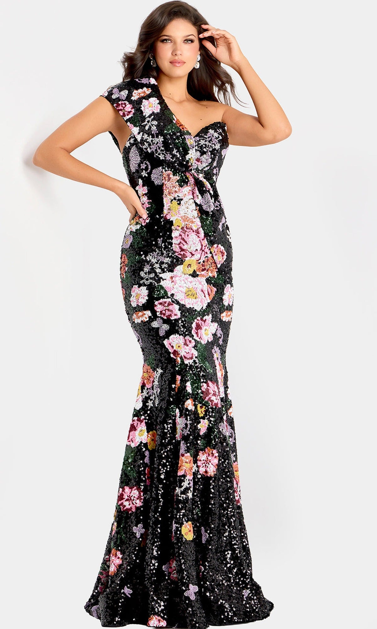 Jovani 48638 - One Shoulder Floral Sequin Evening Gown