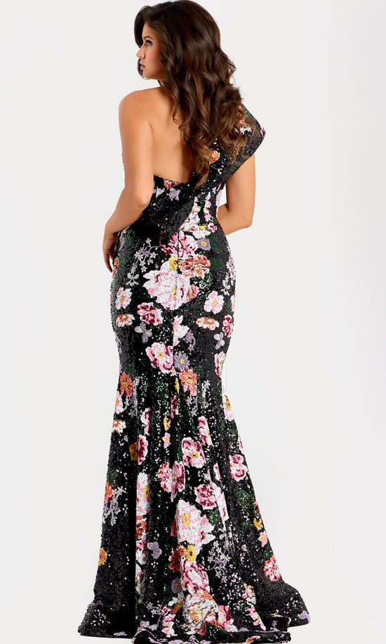 Jovani 48638 - One Shoulder Floral Sequin Evening Gown