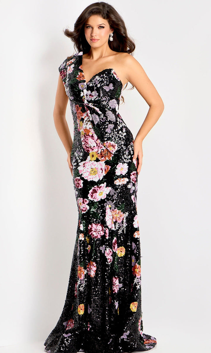 Jovani 48638 - One Shoulder Floral Sequin Evening Gown - Black/Multi - Main