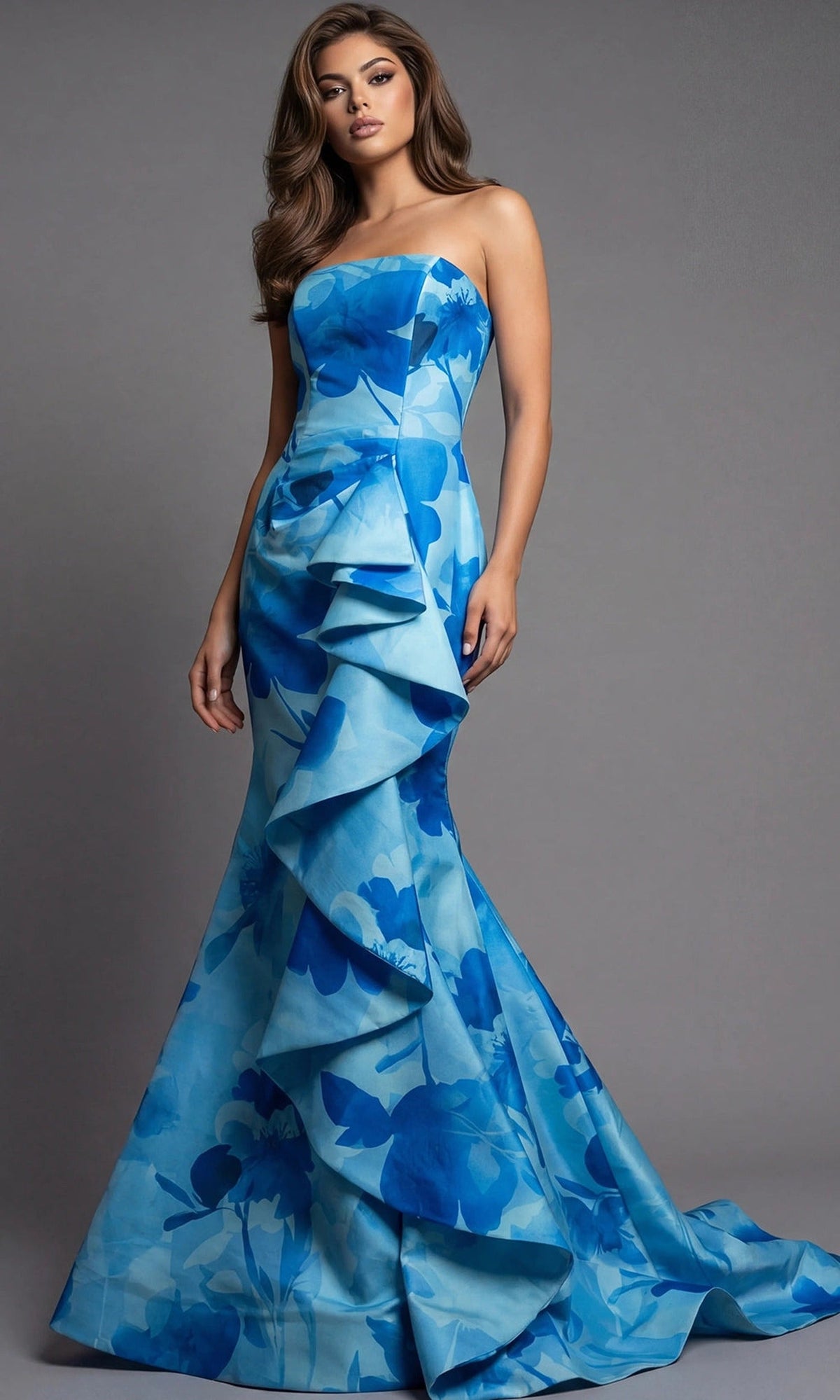 Jovani 48705 - Abstract Floral Print Ruffle Mermaid Gown