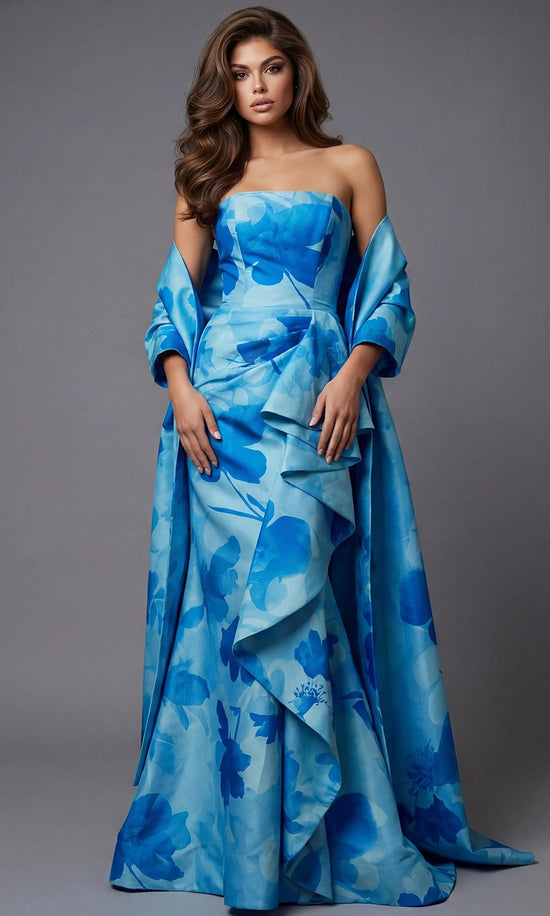 Jovani 48705 - Abstract Floral Print Ruffle Mermaid Gown - Blue - Main