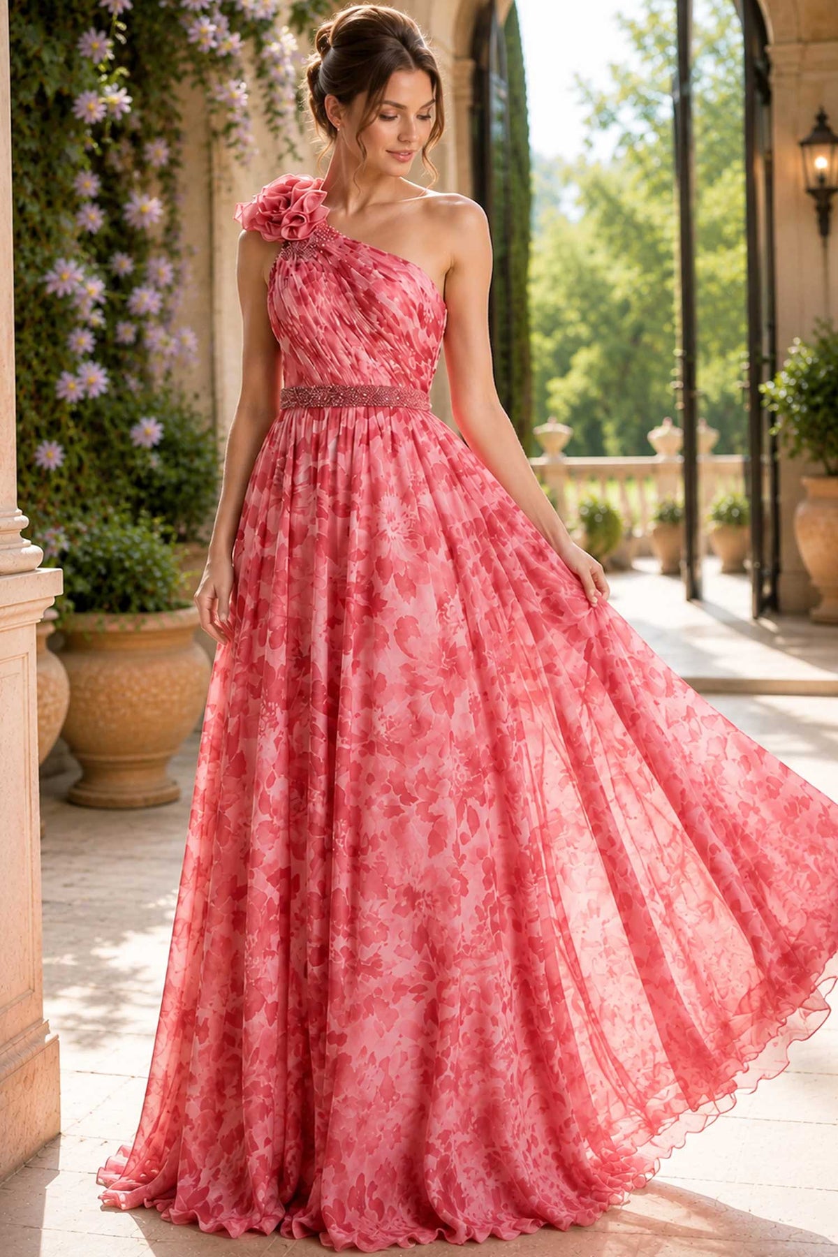 Jovani 49018 One Shoulder Floral Chiffon Dress