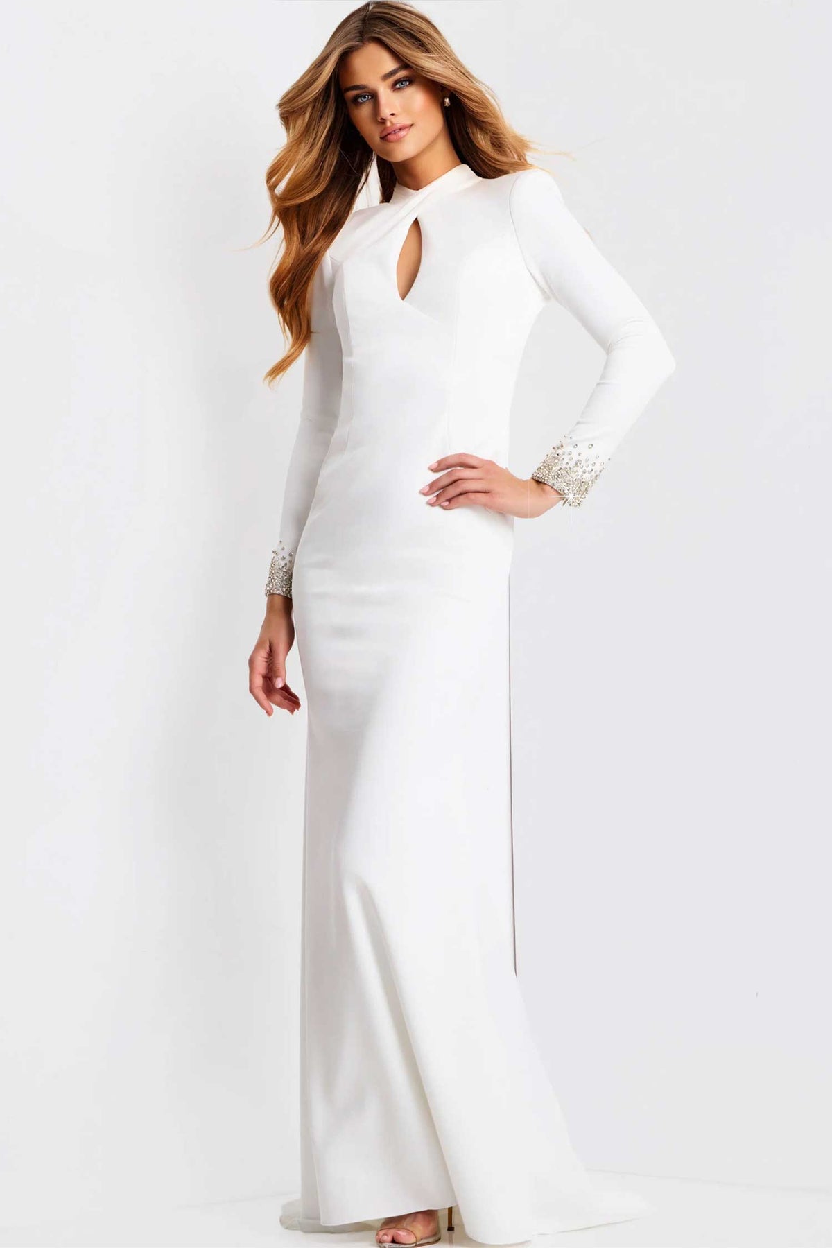 Jovani 49126 - Beaded Cuff High Neck Prom Gown - Off-White - Main