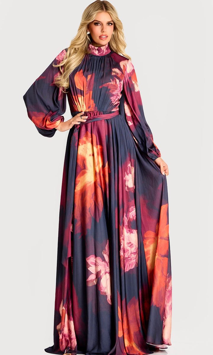 Jovani 49464 - Floral Chiffon High Neck Evening Gown