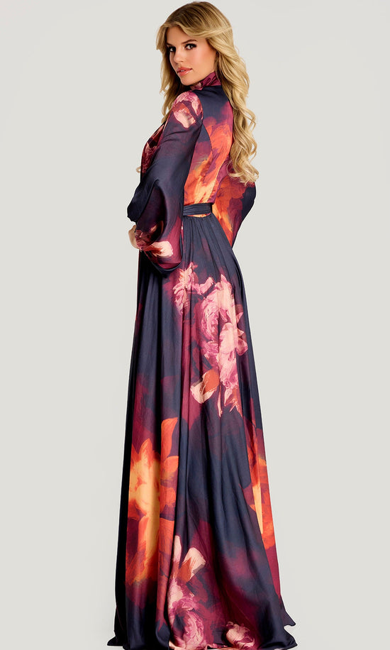 Jovani 49464 - Floral Chiffon High Neck Evening Gown