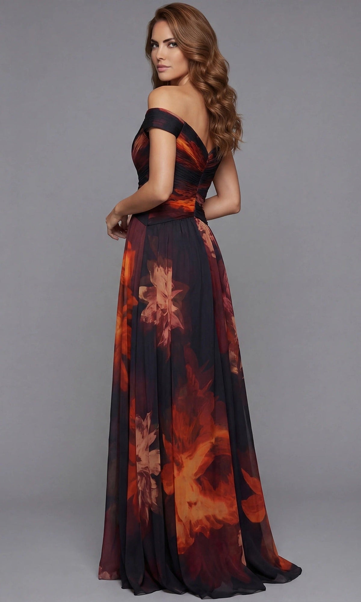 Jovani 49473 - Printed Floral A-Line Chiffon Gown