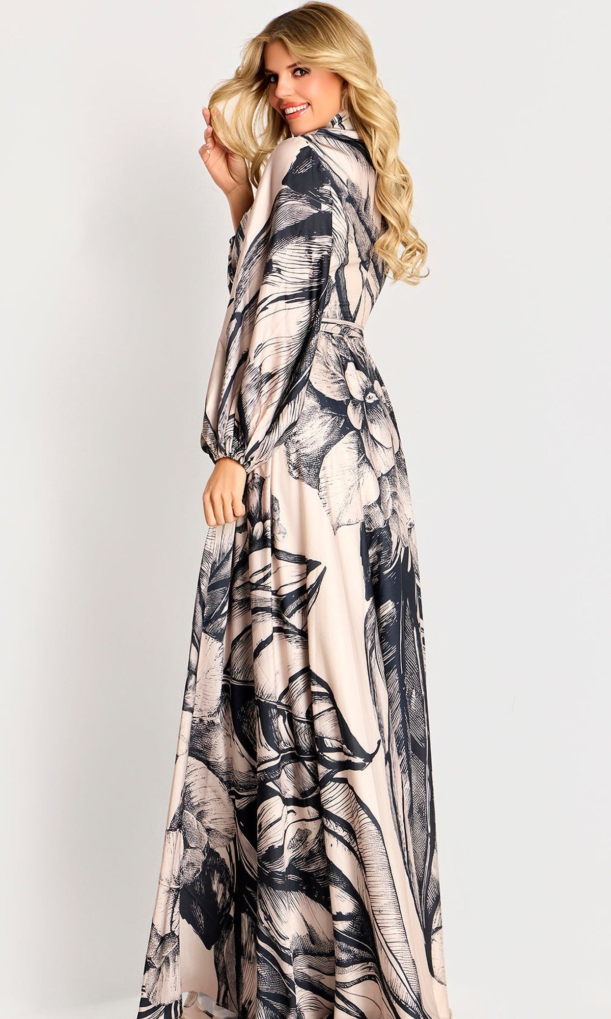 Jovani 49500 - Floral Print A-Line Evening Gown with Sash Belt