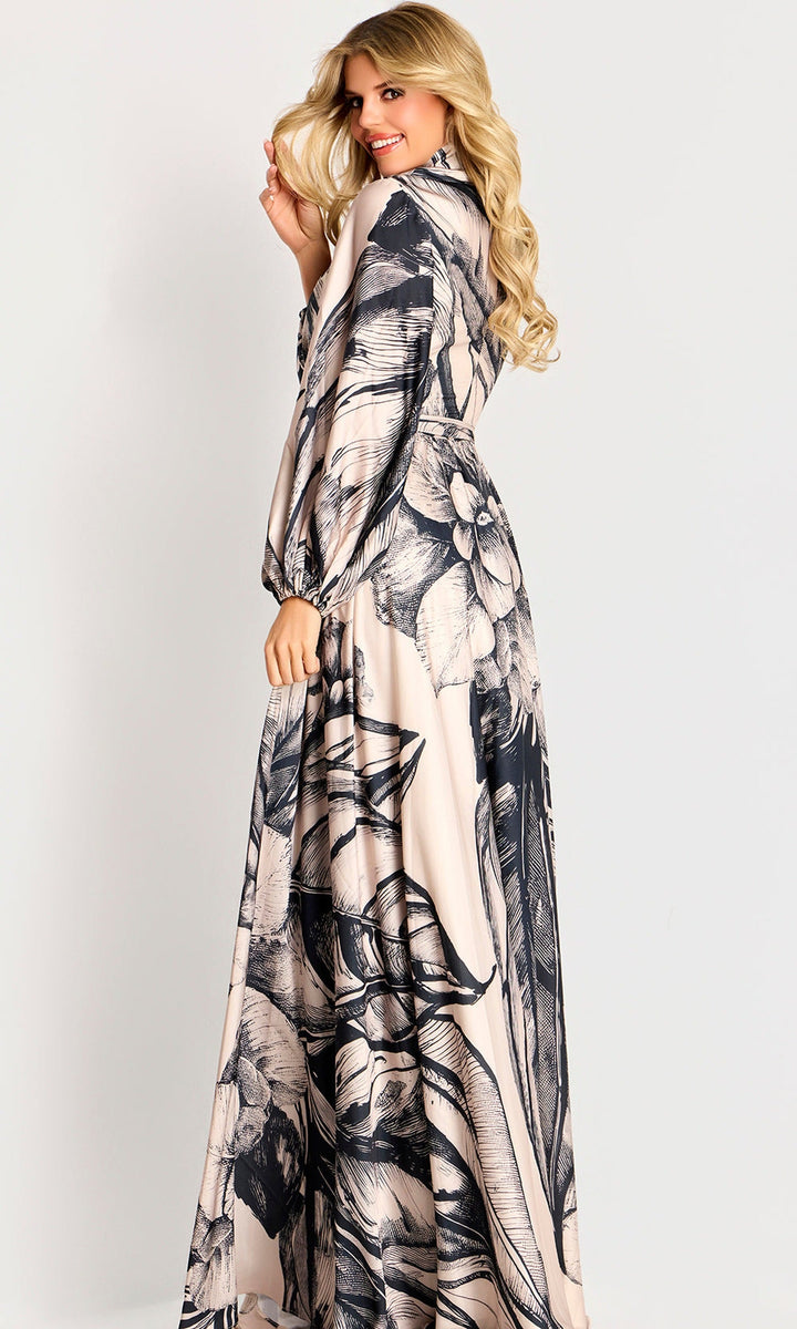 Jovani 49500 - Floral Print A-Line Evening Gown with Sash Belt