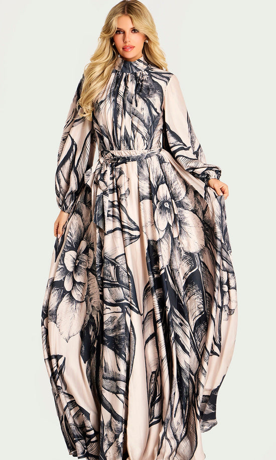 Jovani 49500 - Floral Print A-Line Evening Gown with Sash Belt